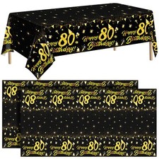2 Pack 80th Birthday Tablecloth Table Cover Plastic Black Gold Happy Tablecloth