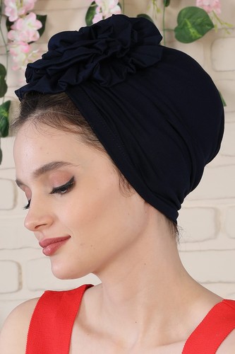 Instant Turban Cotton Scarf Head Wrap Scarfs For Women Hat Rose Detail Navy Blue - Picture 3 of 7