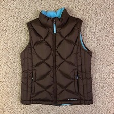 LL Bean Vest Girls Medium 10-12 Brown Blue Goose Down Quilted Puffer Full Zip