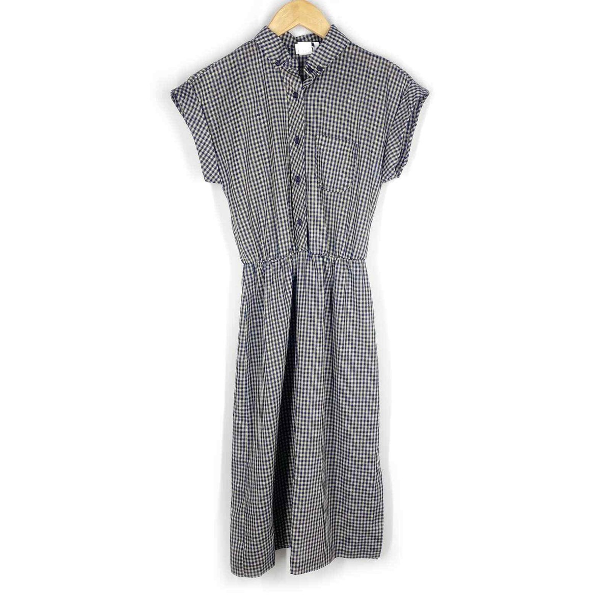 PBJ Vintage Dress Womens Blue Tan Gingham Short Sleeve Midi