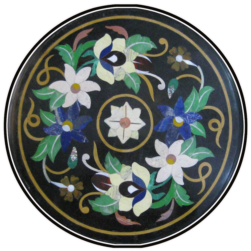 24-Inch Black Marble Coffee Table with Handmade Stone Inlay Art for Elegant Home Decor