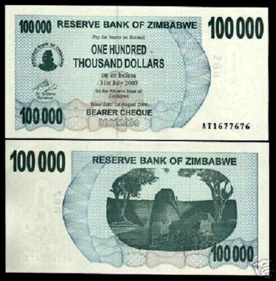 Zimbabwe 100000 DOLLARS P-48b 2006-2007 Zimbabwean UNC World