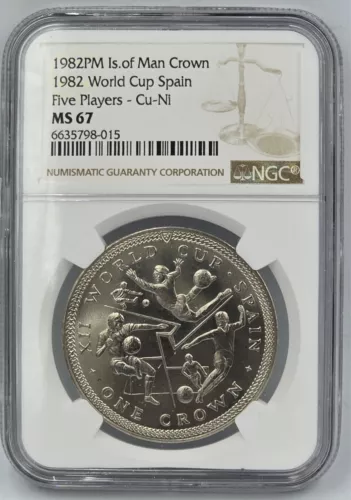 1982 ISLE OF MAN ONE CROWN SPAIN FOOTBALL WORLD CUP NGC MS 67 FINEST KNOWN POP 1