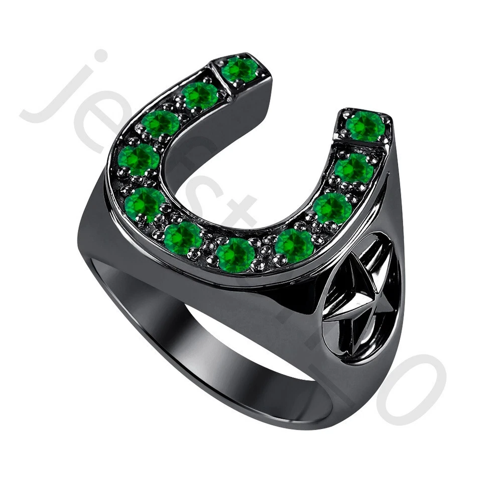 Anillo de herradura de 2 estrellas de oro negro de 14 quilates con esmeralda creada en laboratorio de 0,50 quilates para hombre Foto 2 de 4