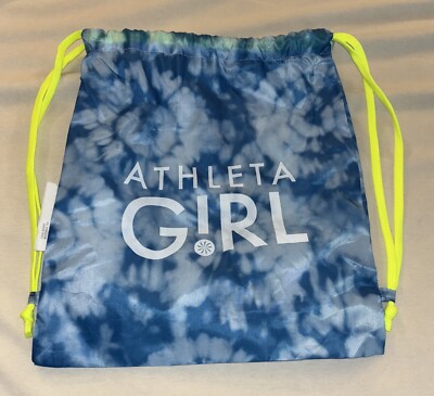Athleta Girl Drawstring Backpack Bag Blue Tie Dye Yellow Straps Brand New