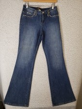 Cache Denim Jeans Women's 6 31x33 Blue Flare Jeans Bejeweled w/ Rhinestones