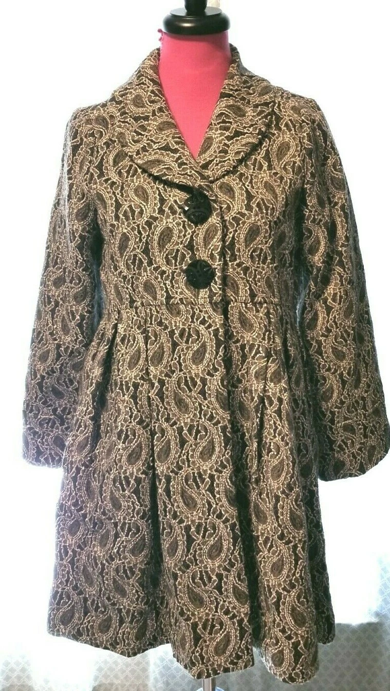 Uncle Frank Baby Doll Embroidered Paisley Brown Tweed Coat Size S