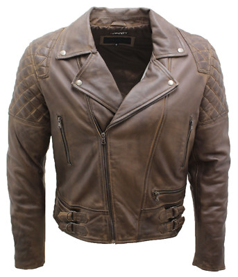 Bikerjacke Herren Retro Brando gesteppt olivbraun Leder