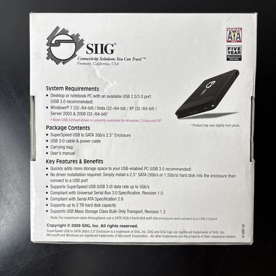 SIIG SuperSpeed USB to SATA 3Gb/s 2.5' Enclosure New/Openbox - Image 2 of 2