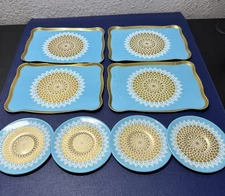 Vintage, Rare Doilies, 8-pc  Child's Tin Dinner Set 4 Plates, 4 Platters