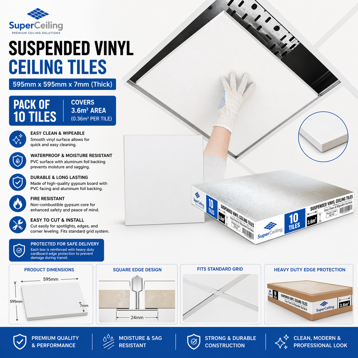 Suspended Ceiling 600 x 600 EasyClean Vinyl Wipeable 10 Tiled Pack 595 x 595mm