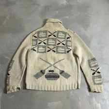 Vintage 1950s Cowichan Wool Sweater Zip Front Hockey Motif Hand Knit