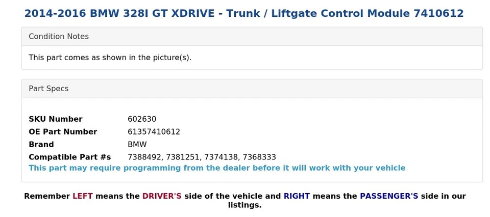 BMW 328I GT XDRIVE 2014-2016 - Módulo de control de maletero/puerta levadiza 7410612 Foto 3 de 4