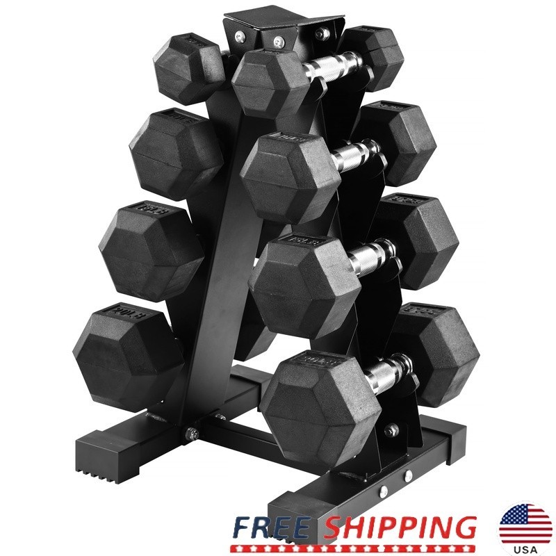 100LB Rubber Coated Hex Dumbbell Weight Set W/ A-Frame Rack