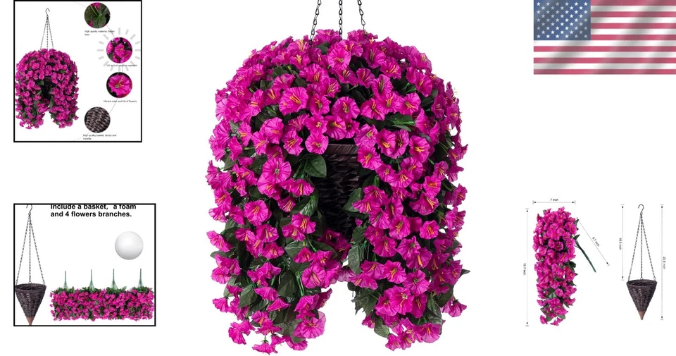 Cesta colgante vibrante fucsia mañana gloria - decoración de plantas sintéticas sin agua Foto 2 de 4