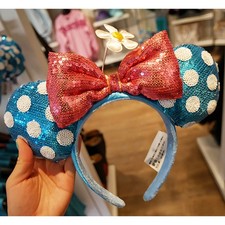 Disney Parks Sequin Blue  White Polka Dot Sunflower Minnie Ear Bow Headband US