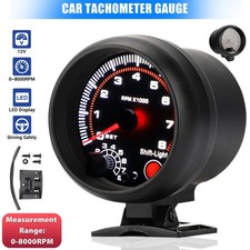 3.75 Car Tachometer Gauge 0-8000 Rpm With White Led Shift Light Black
