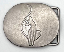 Vintage Silver Tone Cat Belt Buckle Rhinestone Eye Modernist Kitty - 2.27 x 2 in