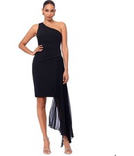 XSCAPE Womens Draped Sheath One Shoulder Mini Dress, Black, 10