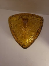 Vintage Amber Indiana Glass Triangle Covered Glass Candy Dish Excellent!
