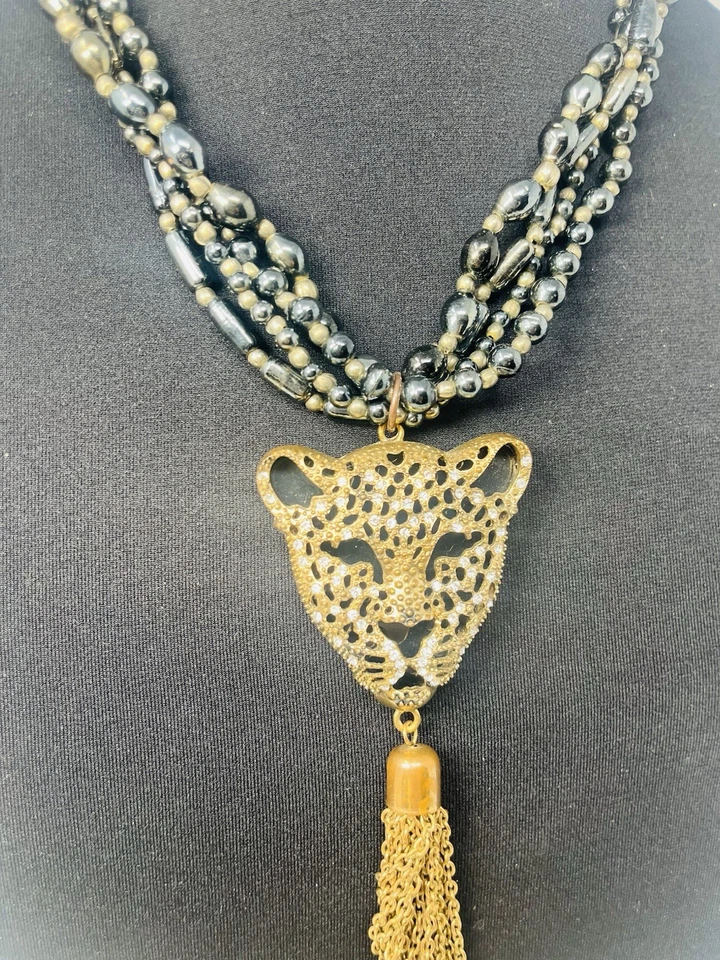 Винтажный золотой Puma леопард Lucite подвеска гематит мульти бусы заявление ожерелье - Изображение 2 из 4