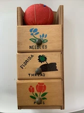Vintage 1960s 3 Drawer Wooden Sewing Notion Box with red Pin Cushion 8" tall