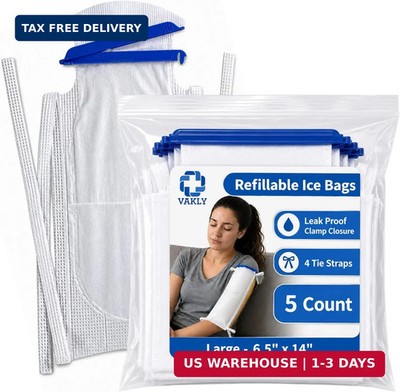 Vakly Large Refillable Ice Bags 6.5 x 14 [Pack of 5] - Reusable Ice Pack with Cl