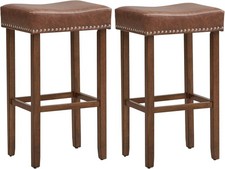 Brown Saddle Bar Stools Set of 2 – Solid Wood Counter Chairs