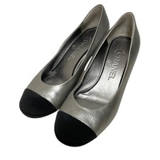 CHANEL Bicolor Pumps Leather Metallic Silver Women's Size EU36.5/US6