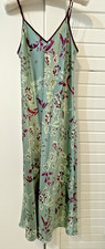 VTG HALSTON Floral Satin Slip Dress Nightgown S Sage Green Wine 90s Minimalist