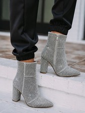 New Women's Bling Diamante Rhinestone Pointed Toe Block Heel Ankle Boot Booties