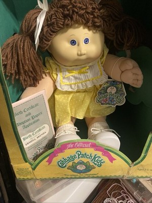 Cabbage Patch Kids Vintage Doll Brown Curly Hair Yellow Dress Boxed