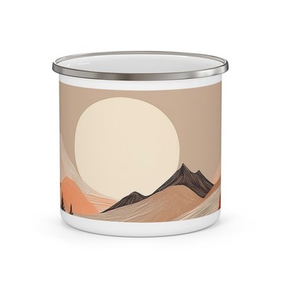 Enamel Mug, Minimalist Scandinavian Style Autumn Landscape Campfire Coffee Cup, 