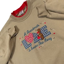 VTG Women L Tan Sweatshirt Grandma Love Teddy Bear Embroidery Plaid Cottage Fall