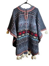 Vtg Norwegian Style 100 Wool Poncho Cape Pewter Clasps Folk Floral Fair Isle OS