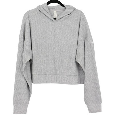 Alo Yoga Muse Hoodie Size L Heather Grey Ribbed Knit Cropped