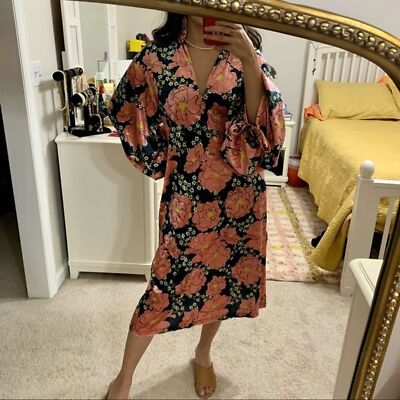 NWT Zara Midi Dress Womens S Floral Ruffle Notch Neck Puff Sleeve Tie Bow  Print | eBay