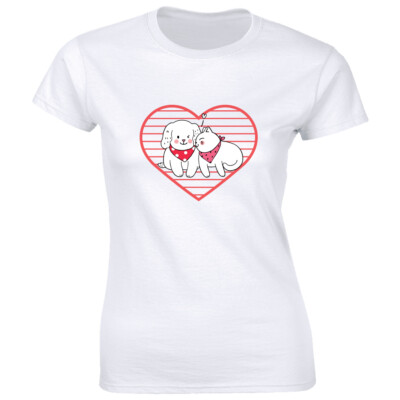 Cartoon Friendly Cat and Dog Women's T-Shirt Happy Animal Love Tee