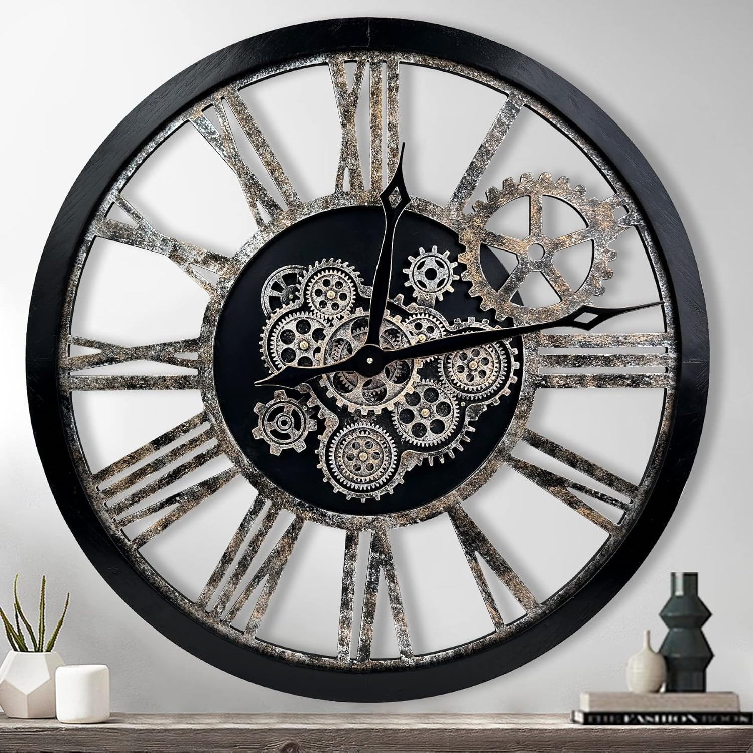 Oversized Rustic 30" Wall Clock with Moving Gears - Vintage Farmhouse Decor