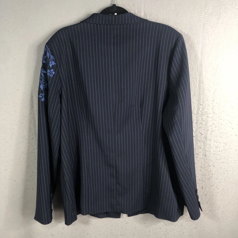 Linea Louse Dell Olio Blazer Womens XL Navy Blue Pinstriped Embroidery Art — 第 2/4 张图片