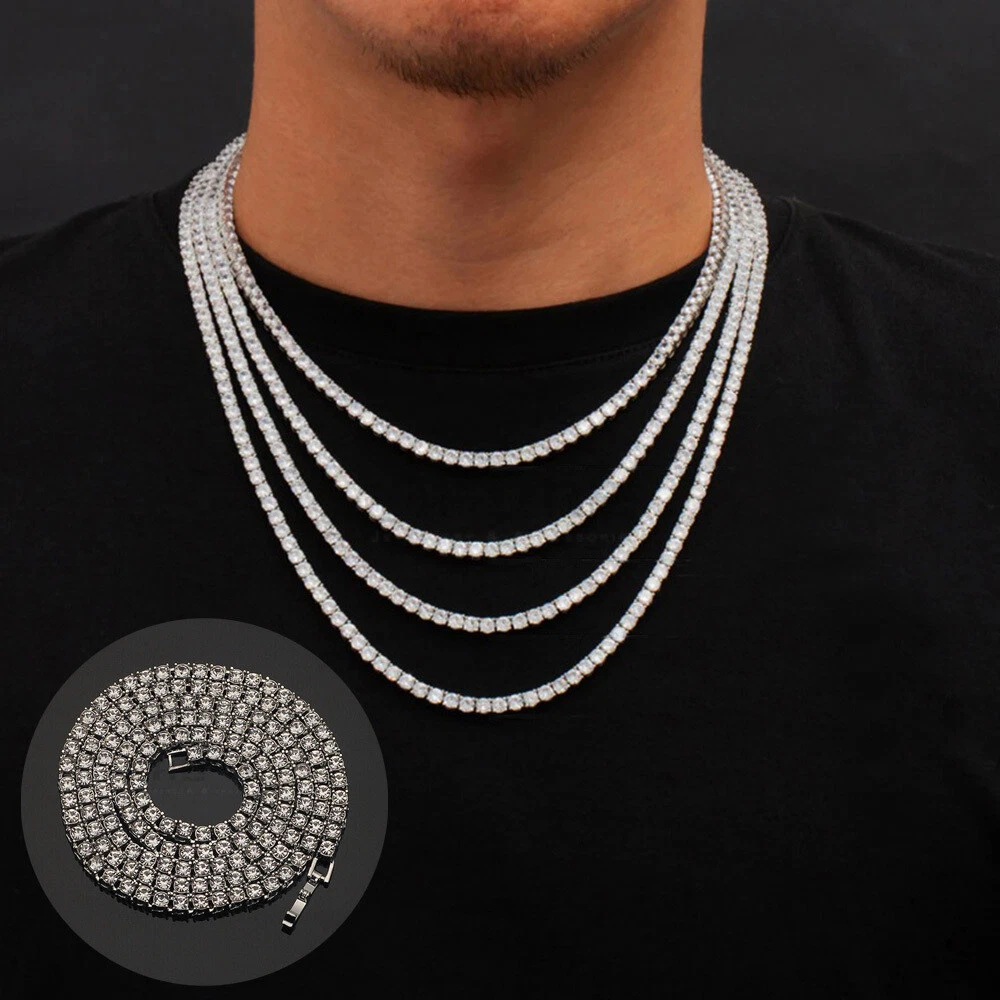 Unisex Tennis Chain 4MM Round Diamond Iced Out Necklace Silver Stainless Steel