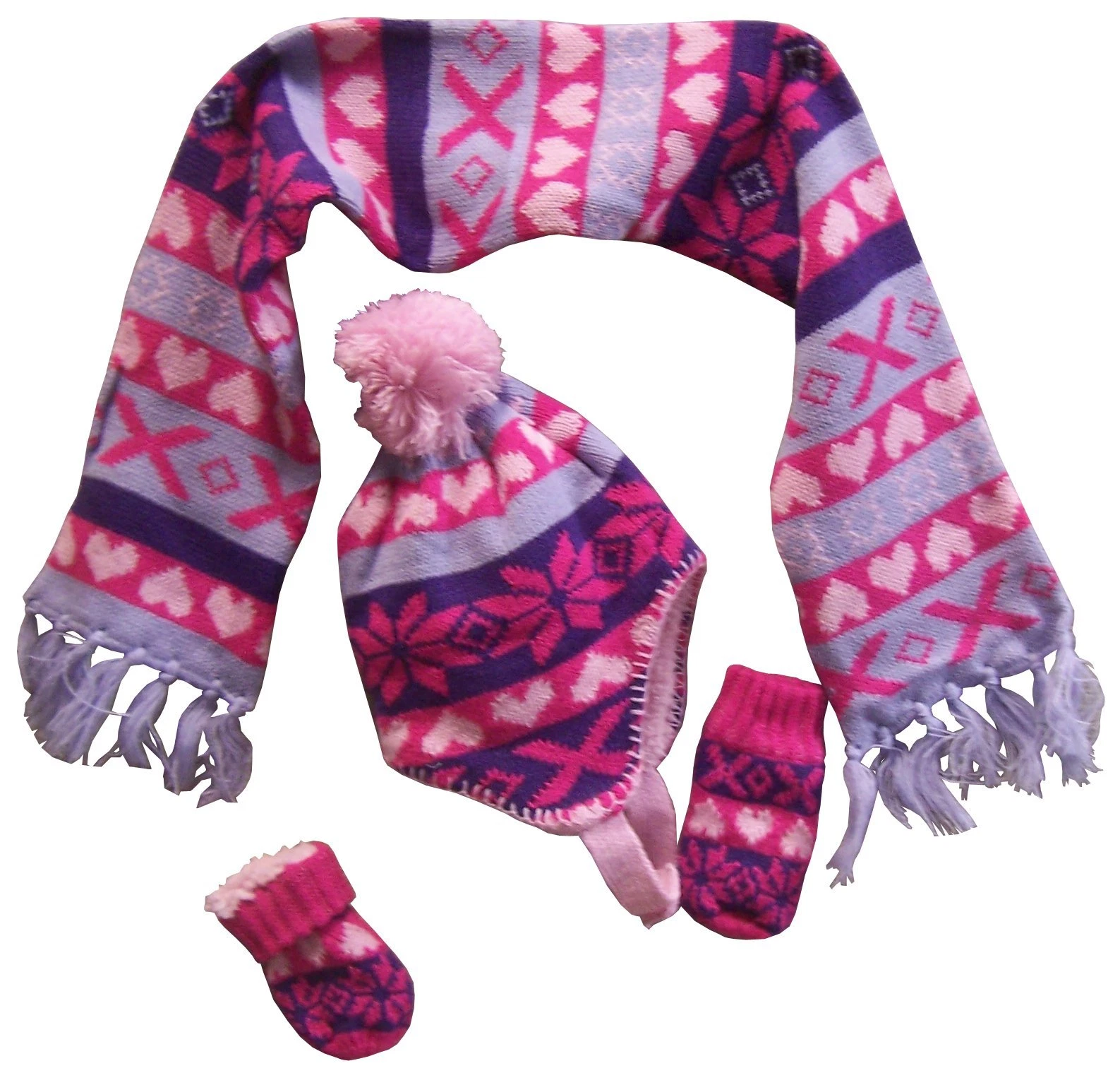 NICE CAPS Toddler Girls Baby Sherpa Lined Knit Hat Mittens Scarf Winter Snow Set