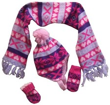 NICE CAPS Toddler Girls Baby Sherpa Lined Knit Hat Mittens Scarf Winter Snow Set