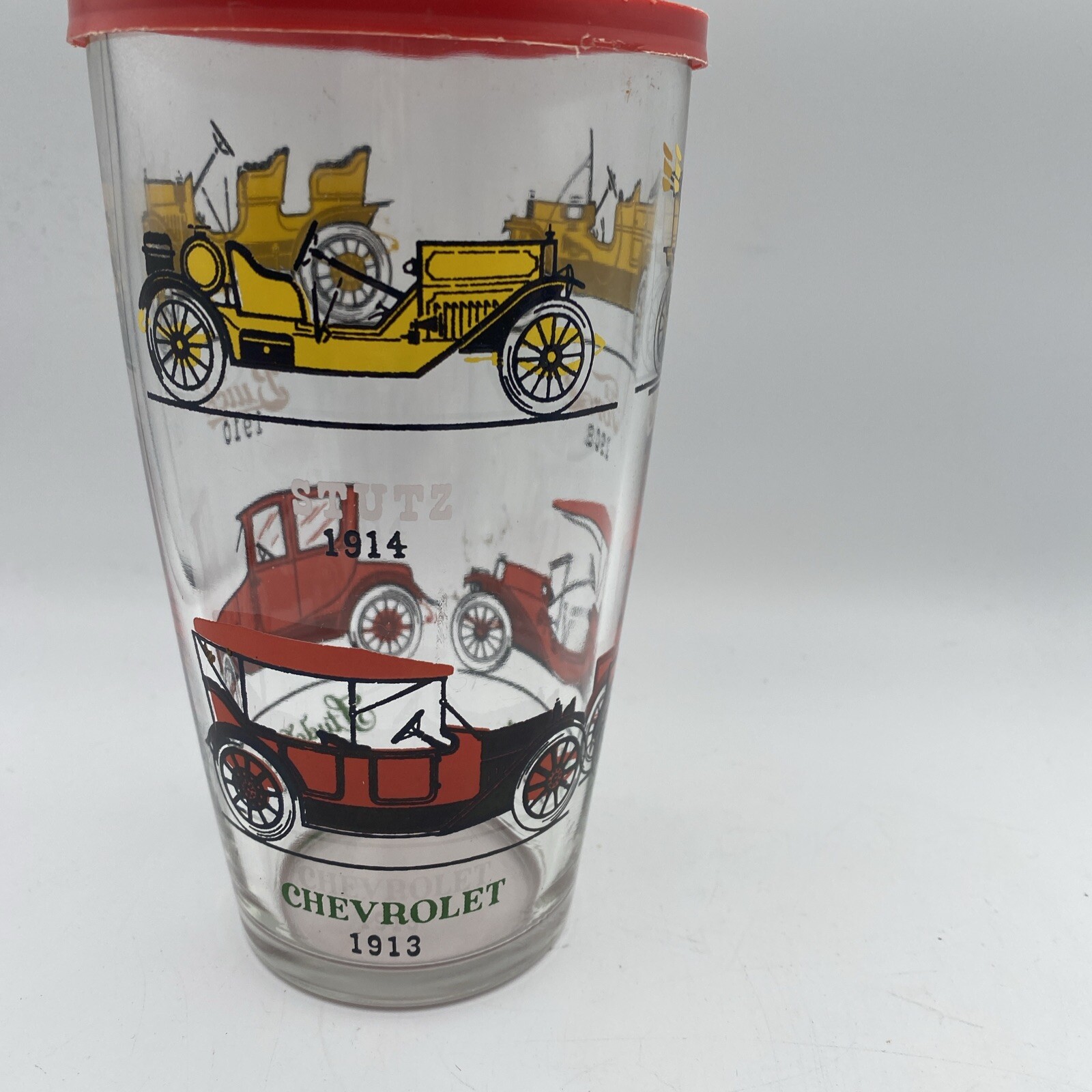 Vintage Auto Art Cocktail Shaker with 4 Tumbler Glasses, Hazel Atlas