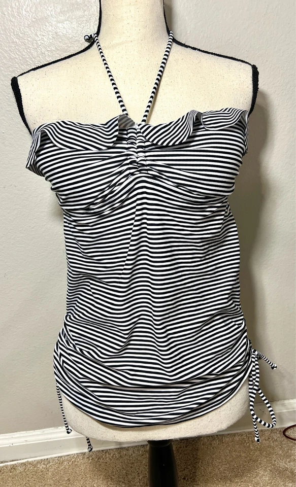 Tankini para mujer talla S negro blanco rayas volantes acolchado halter top de baño Foto 2 de 4