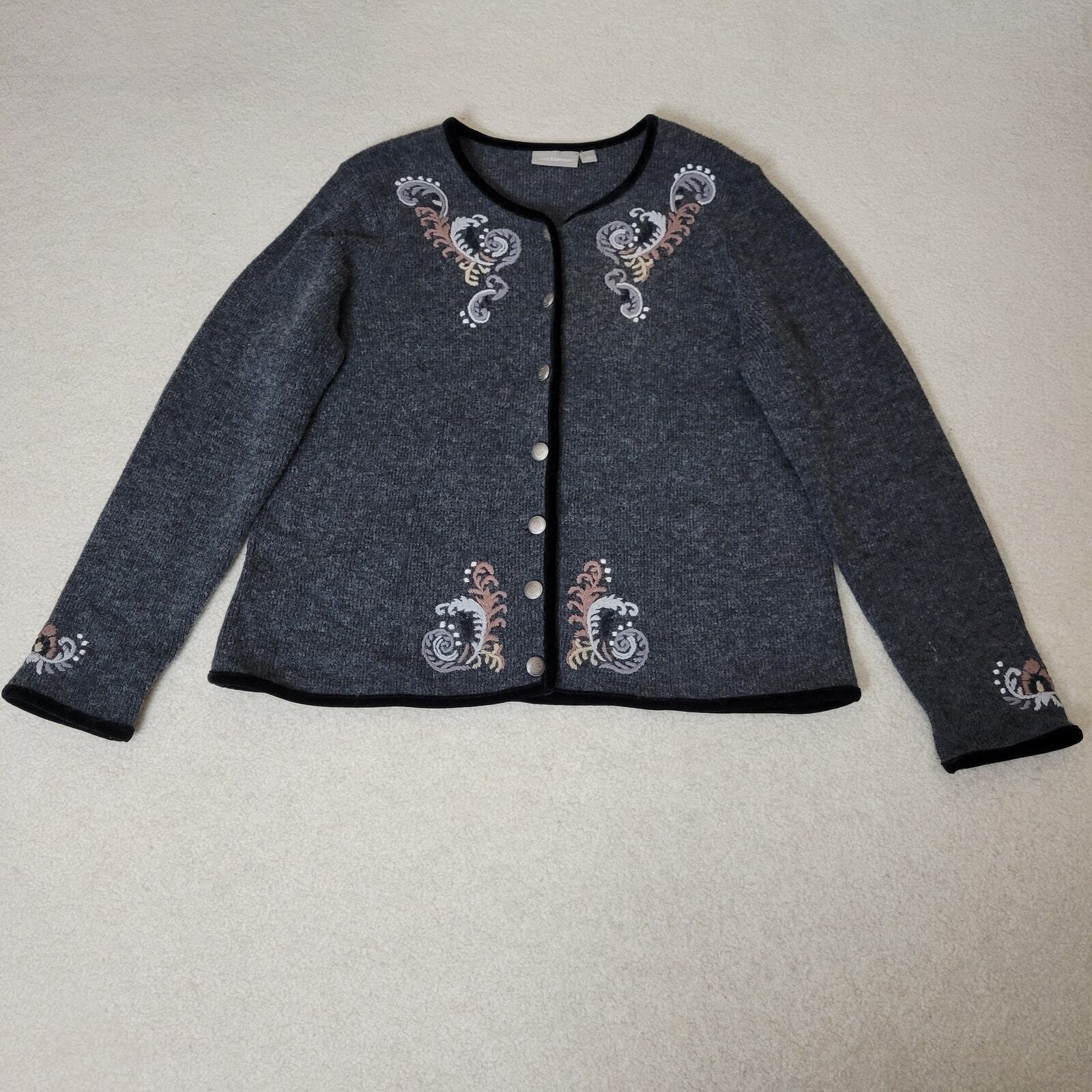 EUC Croft & Barrow L Wool Blend Embroidered Button Front Cardigan Sweater Gray