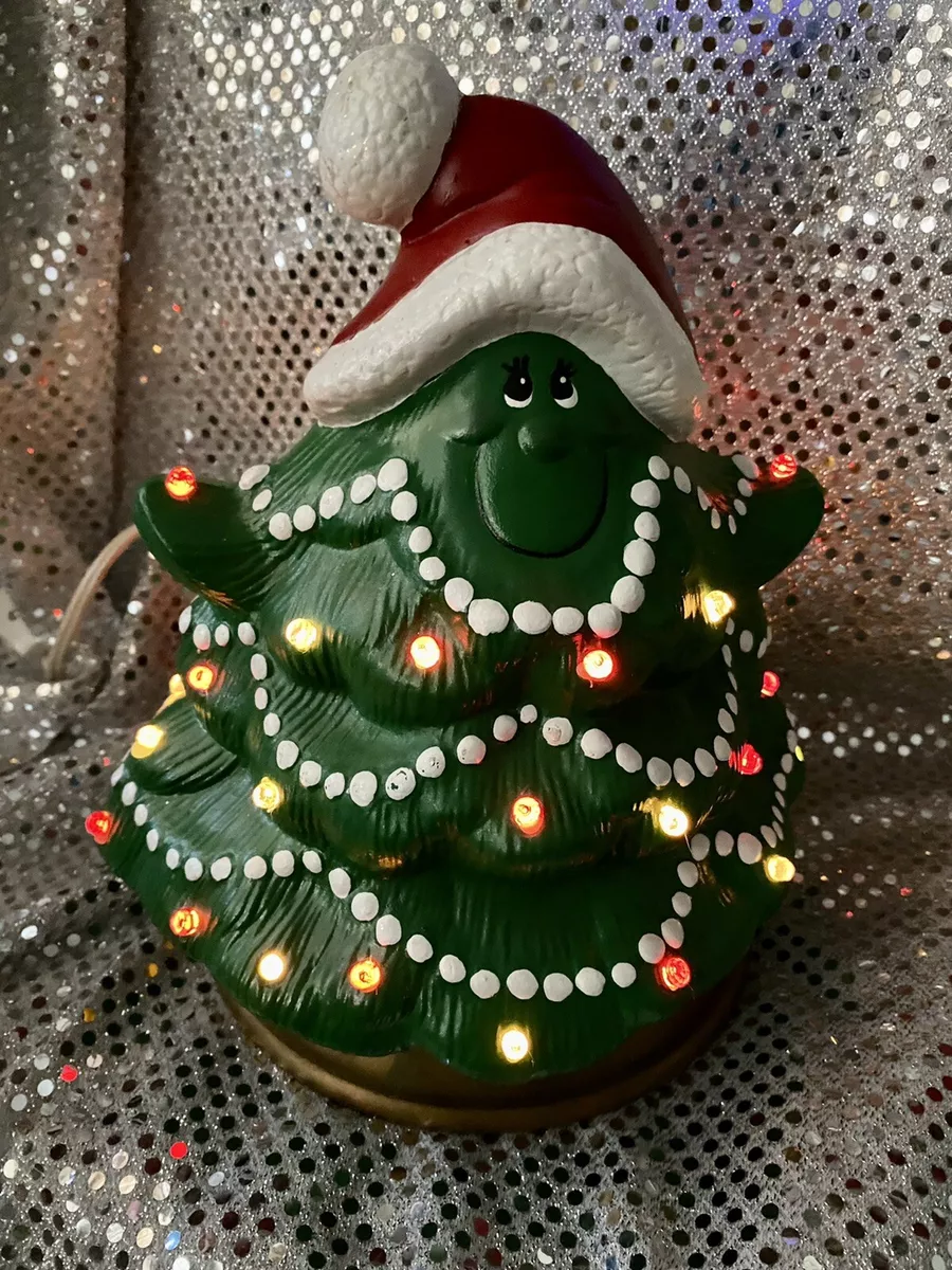 Vintage Ceramic Light Up Christmas Tree 9” Smiley Face Hand Painted Works