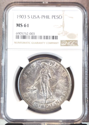 1903 PHILIPPINES SILVER 1 PESO LIBERTY HAMMER & ANVIL NGC MS 61 RARE MINT STATE