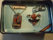 Spider Man Key Chain Dog Tag Necklace Set in collectable tin new condition
