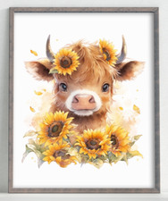 Cow Wall Art Print, Cow and Sunflowers Print, Farmhouse Art Home Decor 745
